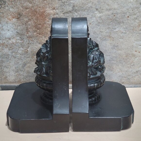 Vintage Pair Floral Rose Pot Metal Bronze Bookends - Picture 6 of 7